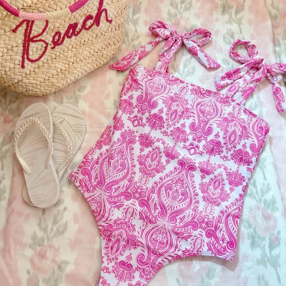 Shein pink tropische print ties on shoulder one piece swimsuit Size L - Picture 6 of 17